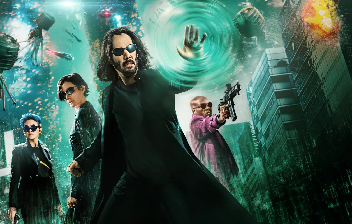 Photo wallpaper Trinity, Neo, Keanu Reeves, bugs, Morpheus, Jessica Henwick, The Matrix Resurrections, Matrix: Resurrection