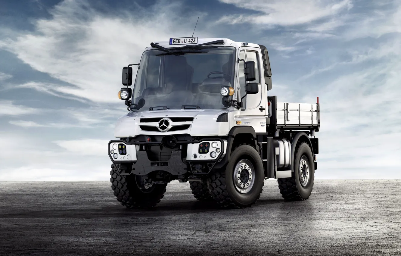 Photo wallpaper white, the sky, clouds, surface, Mercedes-Benz, truck, Unimog, U423