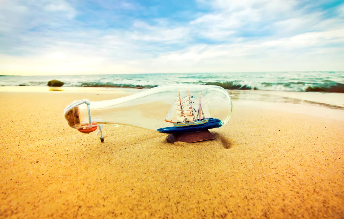 Photo wallpaper sand, sea, wave, beach, summer, the sky, shore, bottle