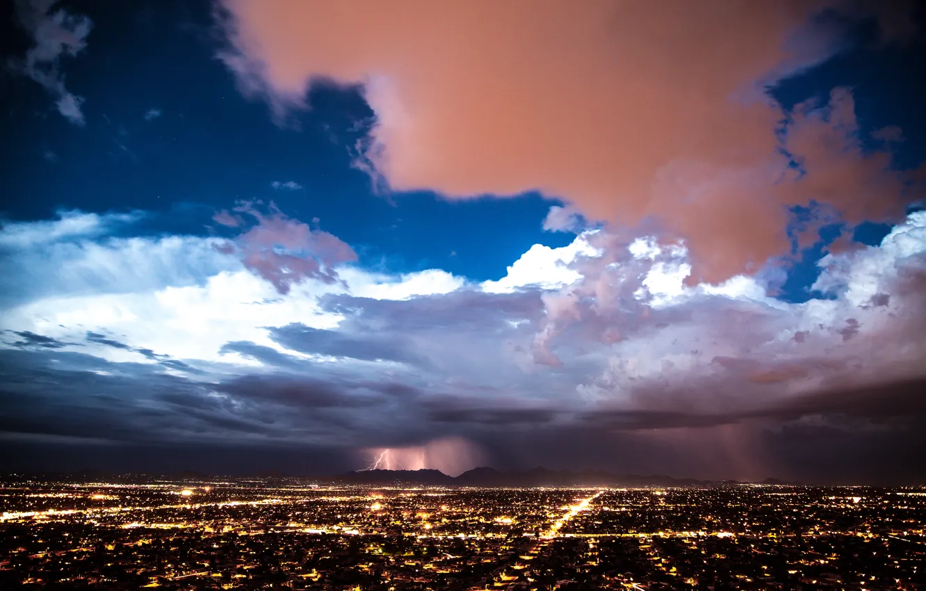 Photo wallpaper the storm, the sky, clouds, the city, lightning, storm