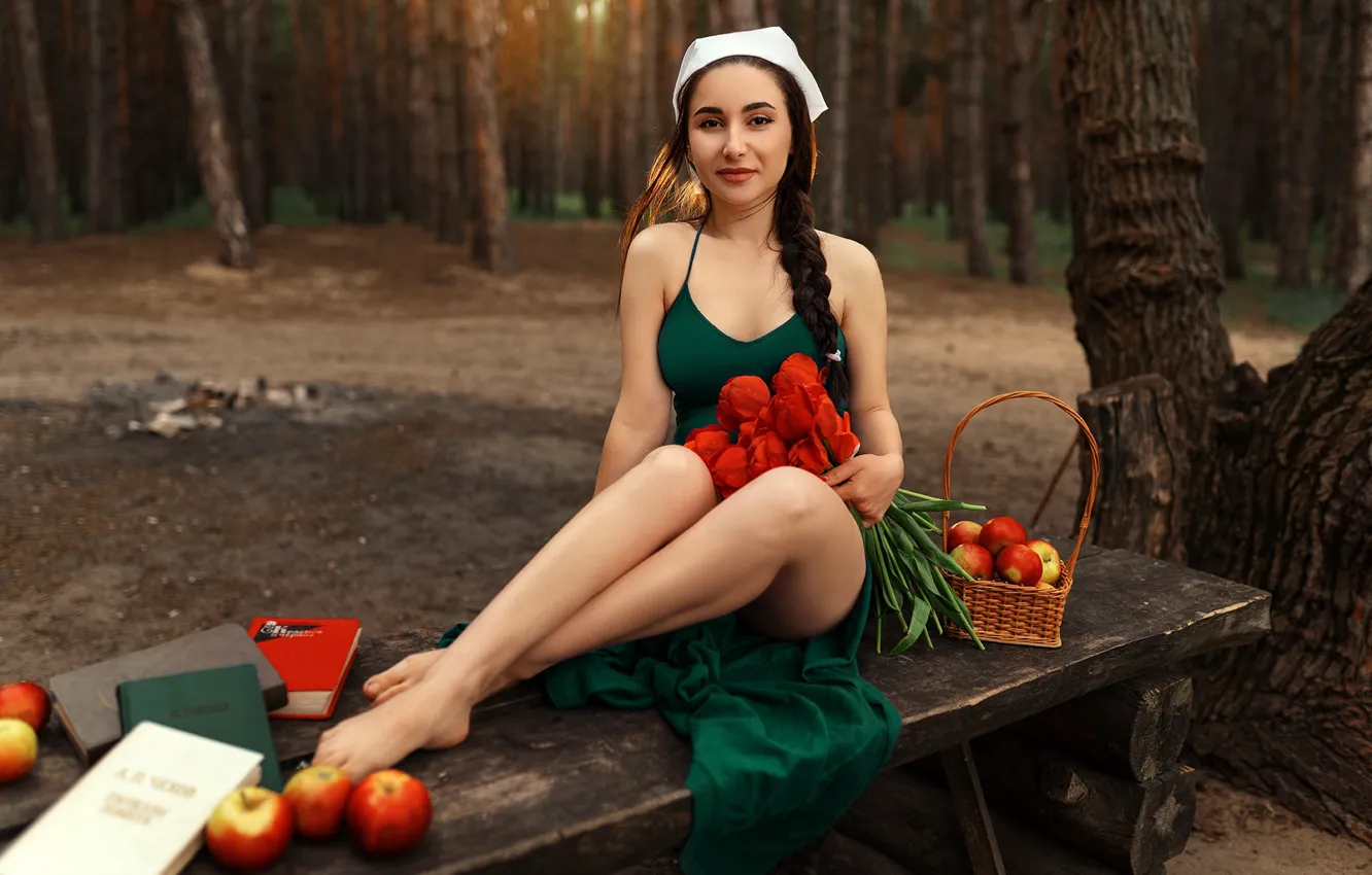 Photo wallpaper look, trees, flowers, nature, pose, smile, model, apples