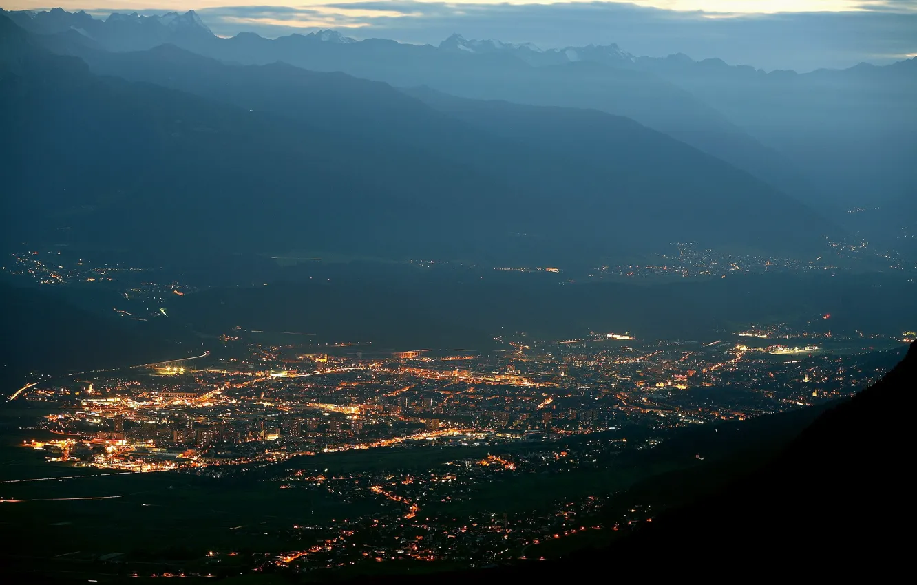 Photo wallpaper mountains, night, lights