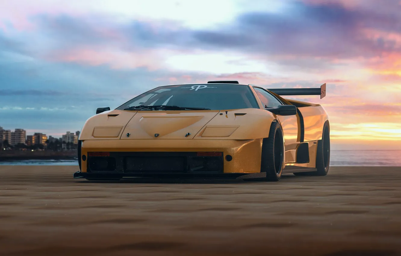 Photo wallpaper machine, auto, yellow, rendering, Lamborghini, diablo, Lamborghini Diablo, Transport & Vehicles