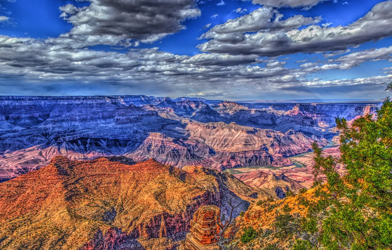 Photo wallpaper the sky, the sun, clouds, trees, rocks, HDR, canyon, gorge