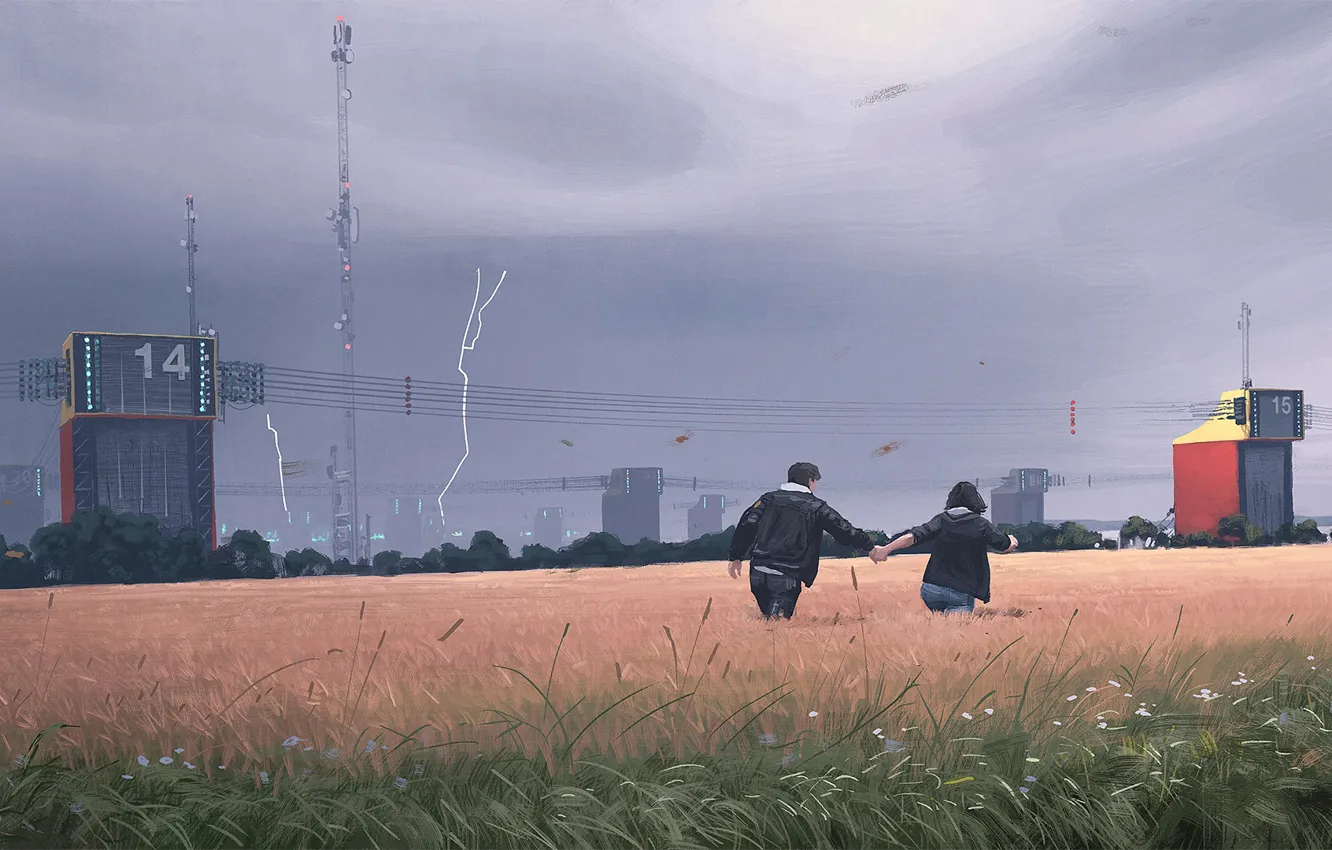 Photo wallpaper field, girl, wire, lightning, building, guy, summerlove