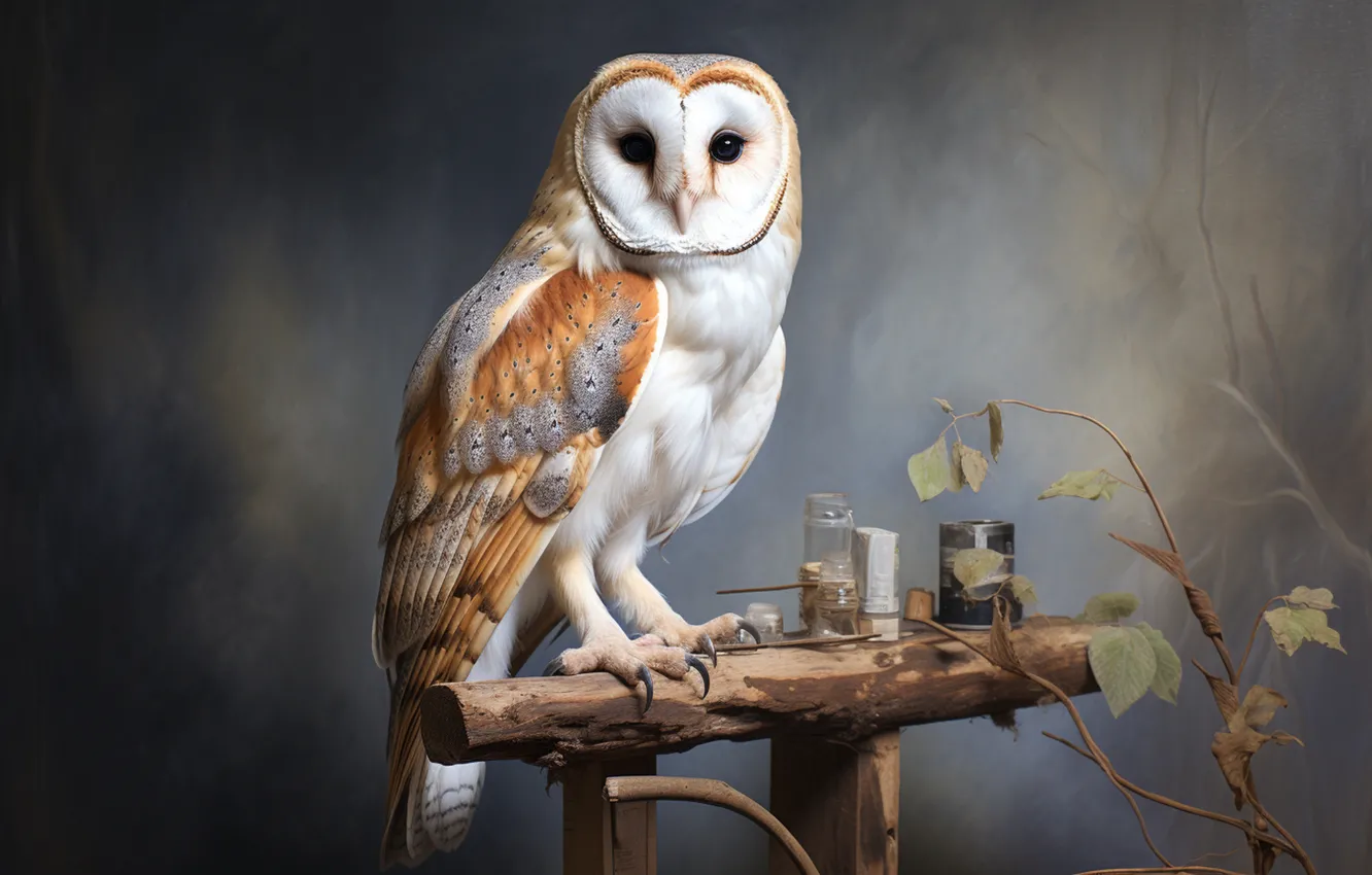 Photo wallpaper look, leaves, branches, owl, bird, grey background, the barn owl, columns
