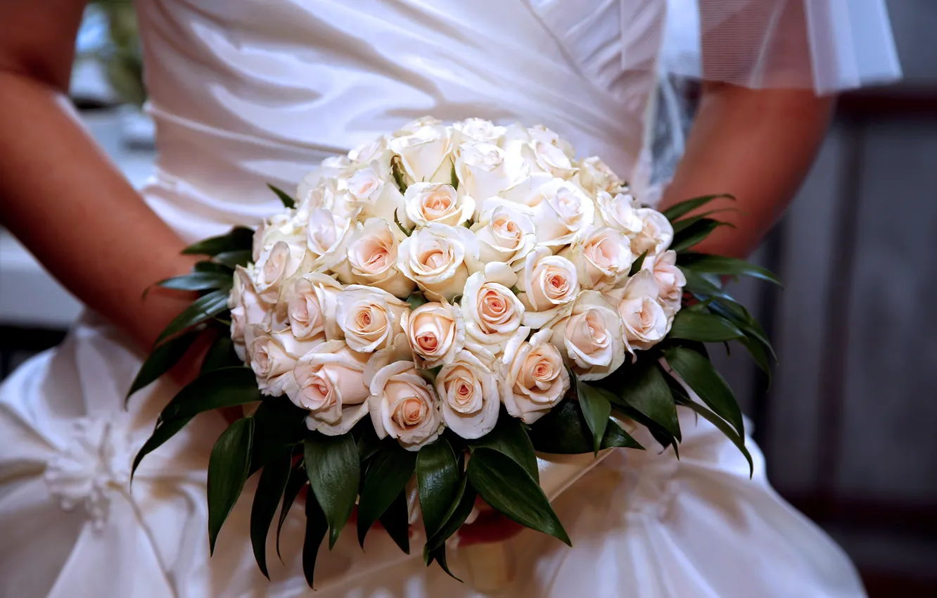 Photo wallpaper girl, roses, bouquet, the bride, wedding, bouquet, wedding