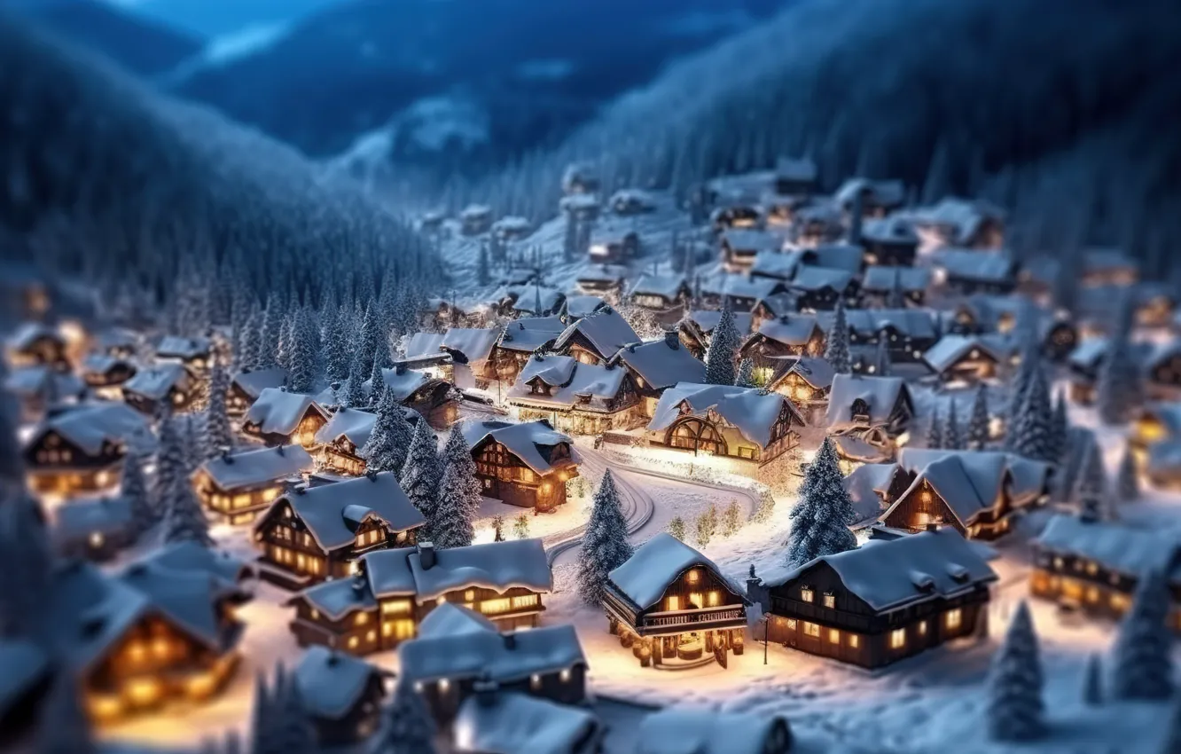 Photo wallpaper winter, snow, night, lights, tree, new year, village, Christmas