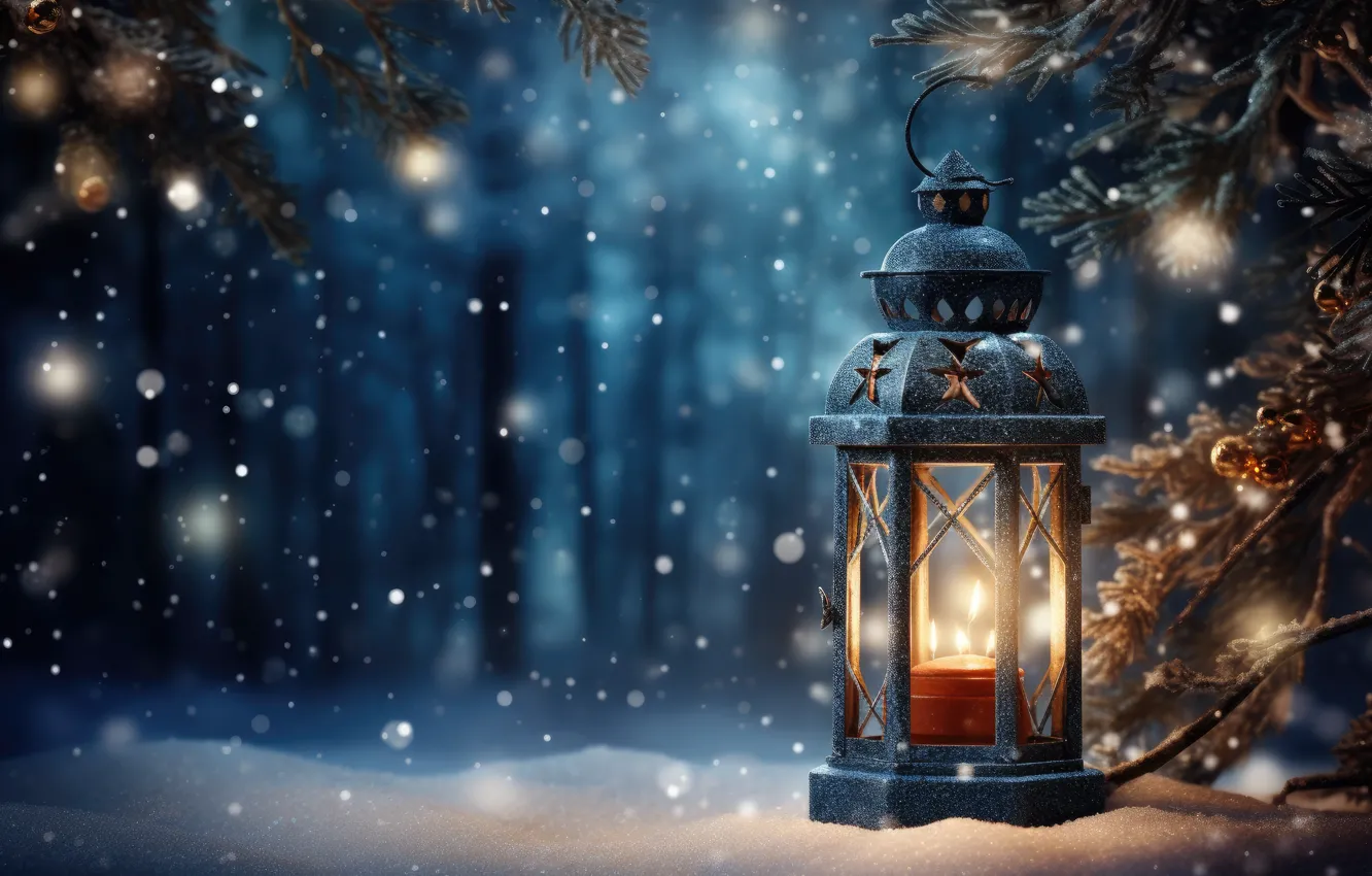 Photo wallpaper winter, snow, decoration, New Year, Christmas, lantern, light, new year