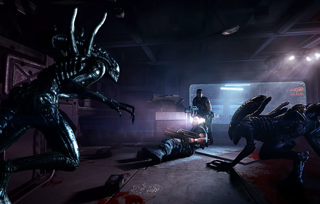 Photo wallpaper aliens, games, background, battle, marines, Aliens Colonial Marines, Humans, xenomorph