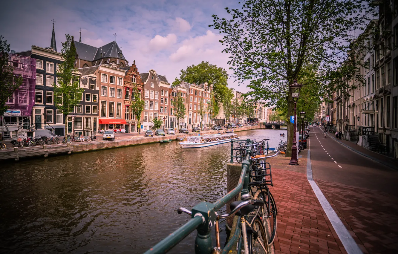 Photo wallpaper road, machine, the city, river, home, Amsterdam, channel, Netherlands
