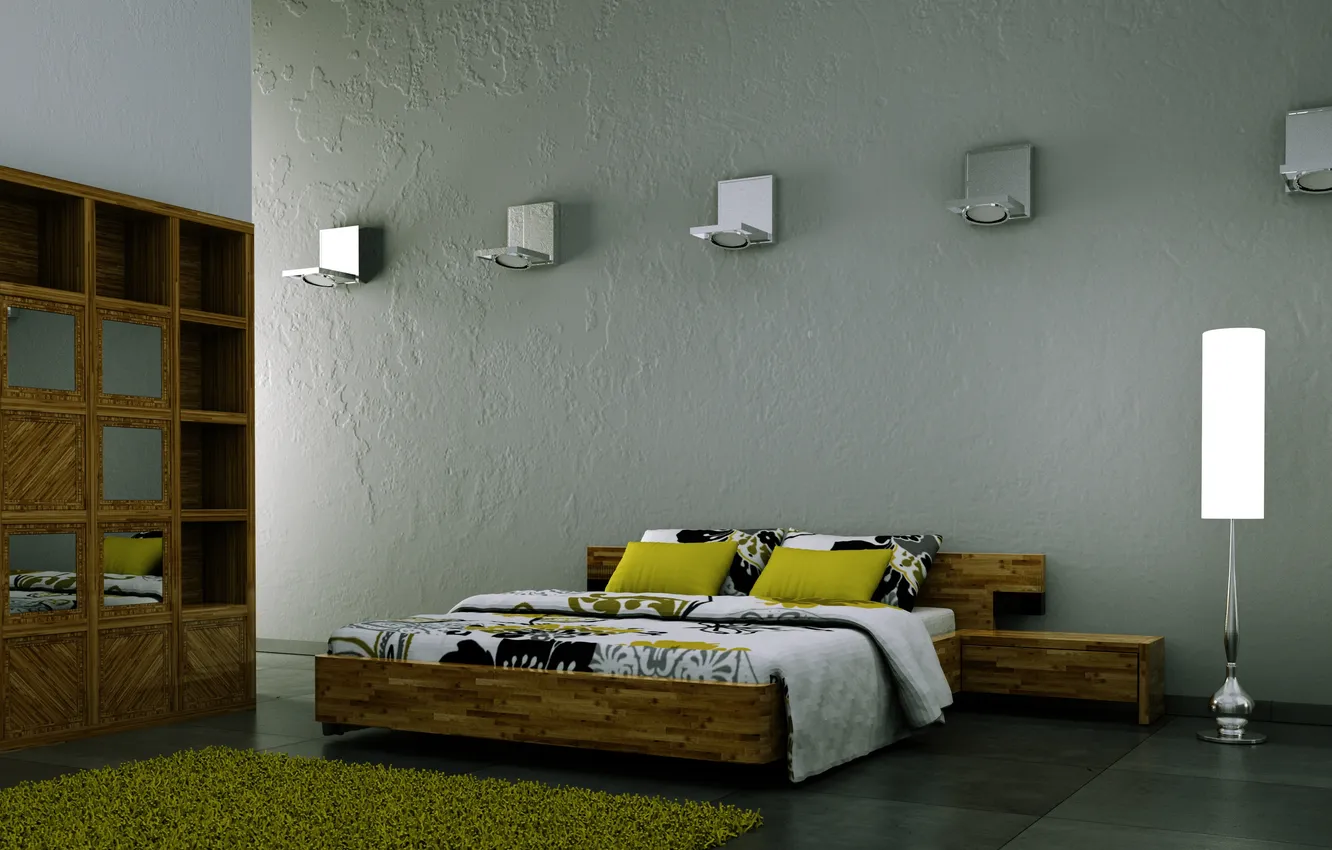 Photo wallpaper room, lamp, pillow, bed, Mat, twilight, shelves