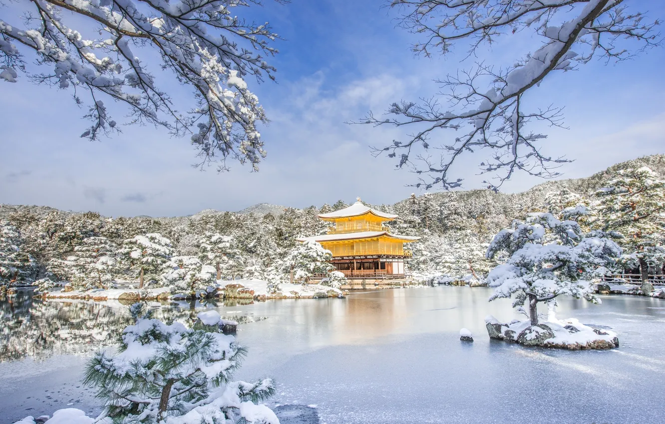 Photo wallpaper winter, forest, lake, Park, building, tower, China, architecture