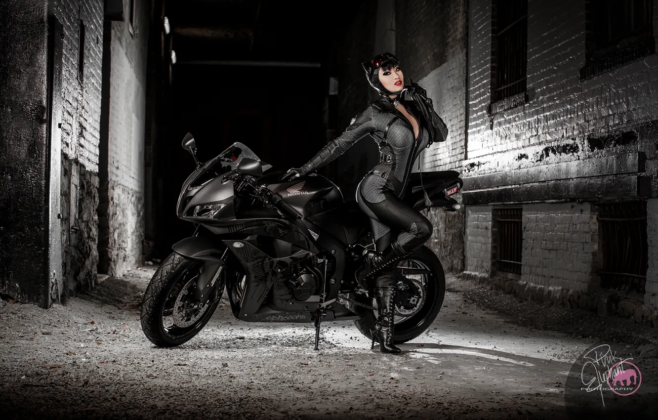 Photo wallpaper cat, girl, yard, costume, motorcycle, cosplay, Catwoman