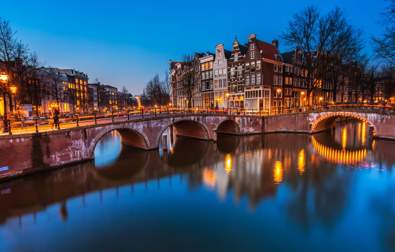 Photo wallpaper trees, landscape, yellow, bridge, lights, glare, reflection, river