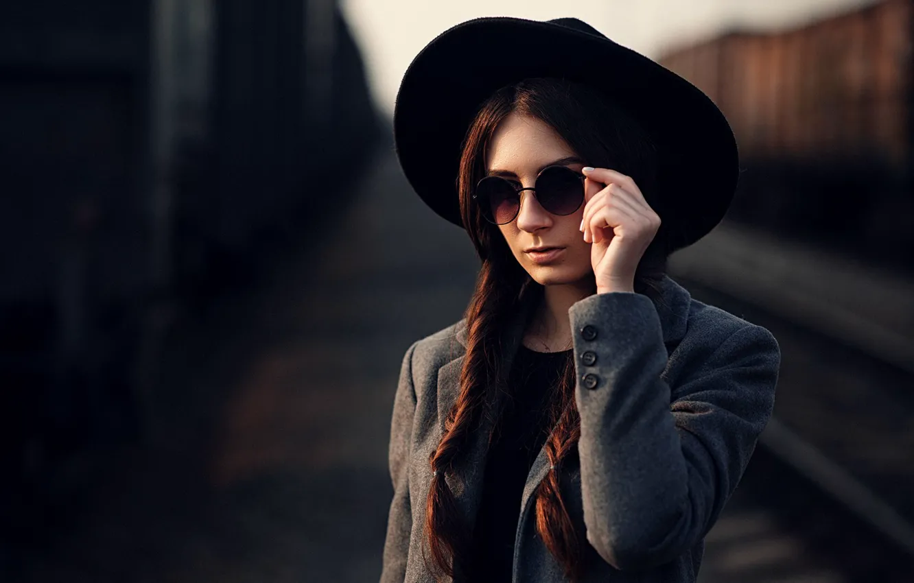 Photo wallpaper girl, model, hat, braids, brown hair, sunshine, coat, beauty