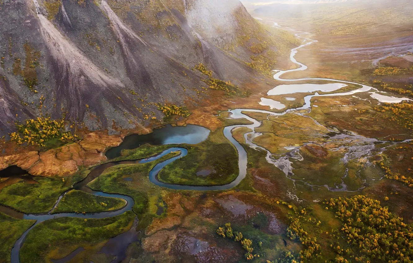 Photo wallpaper mountains, river, texture, land
