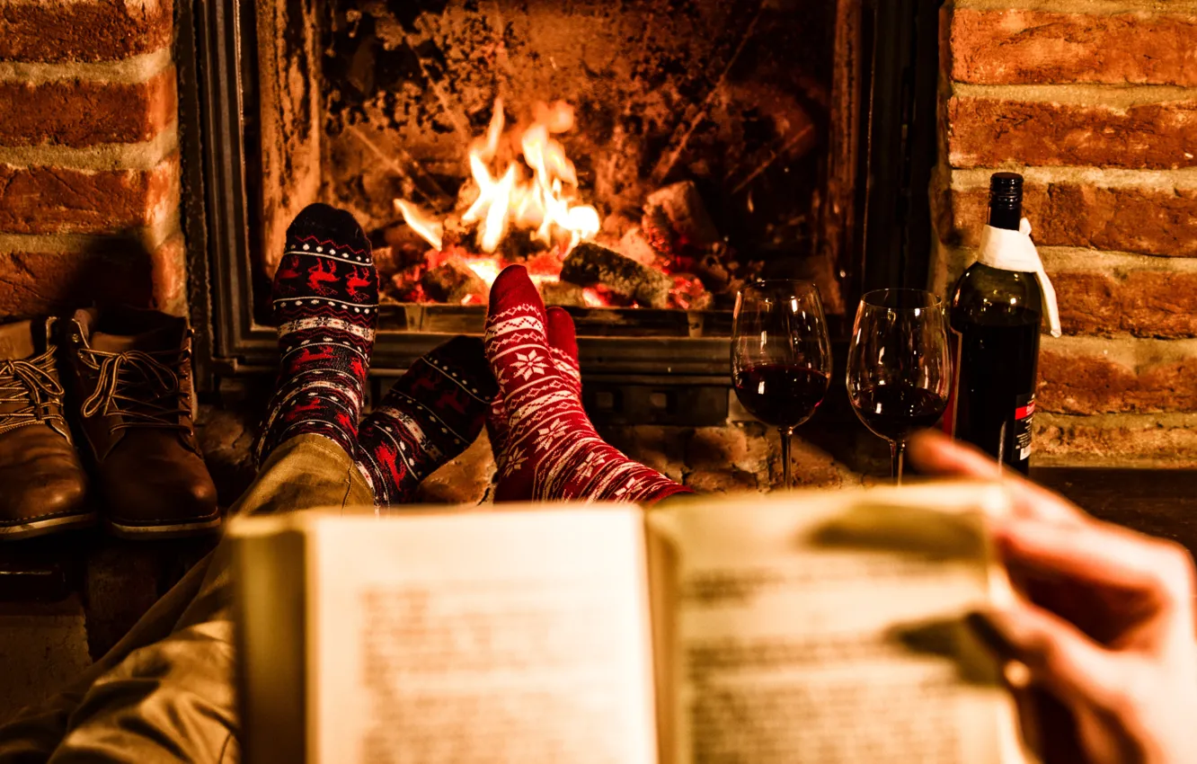 Photo wallpaper heat, wine, feet, glasses, socks, fireplace, two