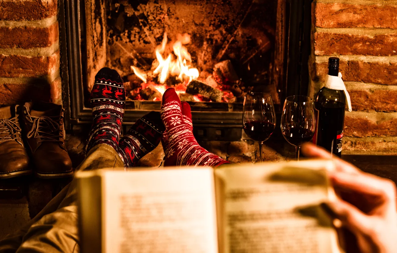 Photo wallpaper heat, wine, feet, glass, socks, fireplace, two