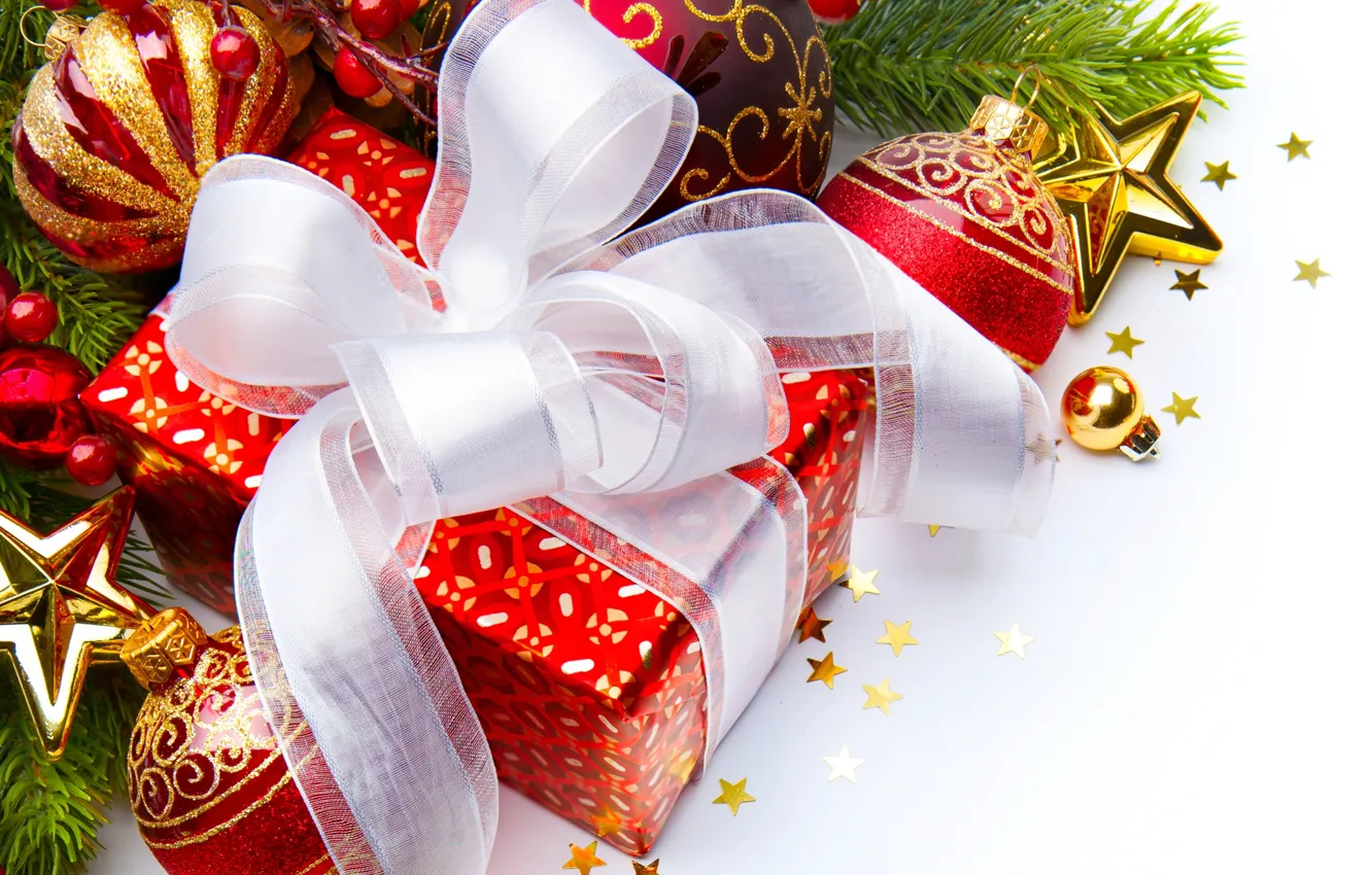 Photo wallpaper balls, decoration, branches, red, holiday, box, gift, balls