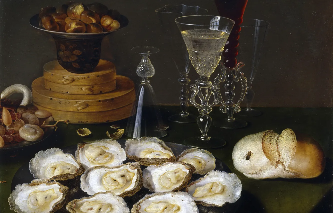 Photo wallpaper fly, glass, food, picture, bread, Still life with Oysters, Osias Burt Senior