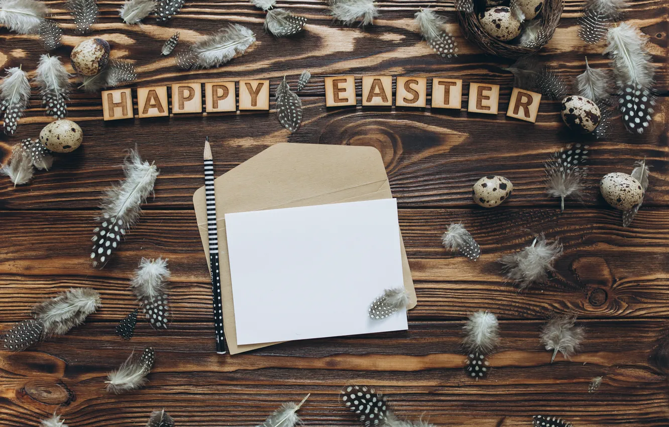 Photo wallpaper holiday, eggs, spring, feathers, pencils, Easter, socket, the envelope