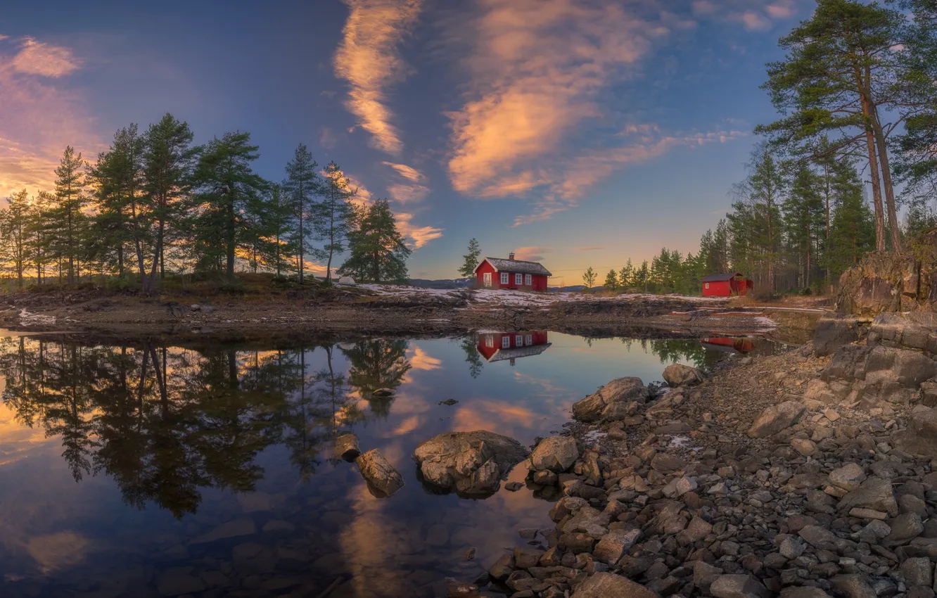 Photo wallpaper trees, sunset, lake, reflection, the evening, Norway, houses, Norway