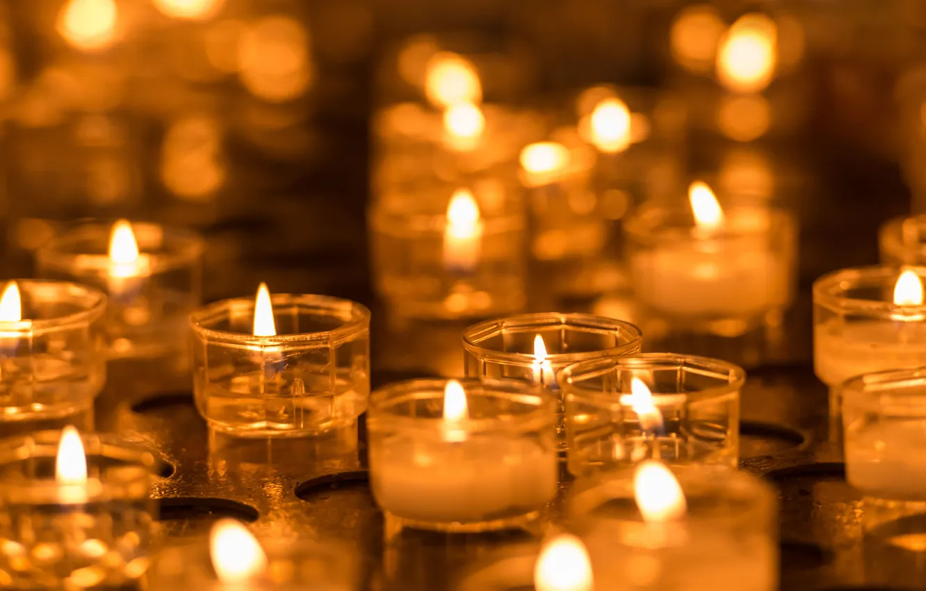 Photo wallpaper glass, light, fire, candles, candlesticks