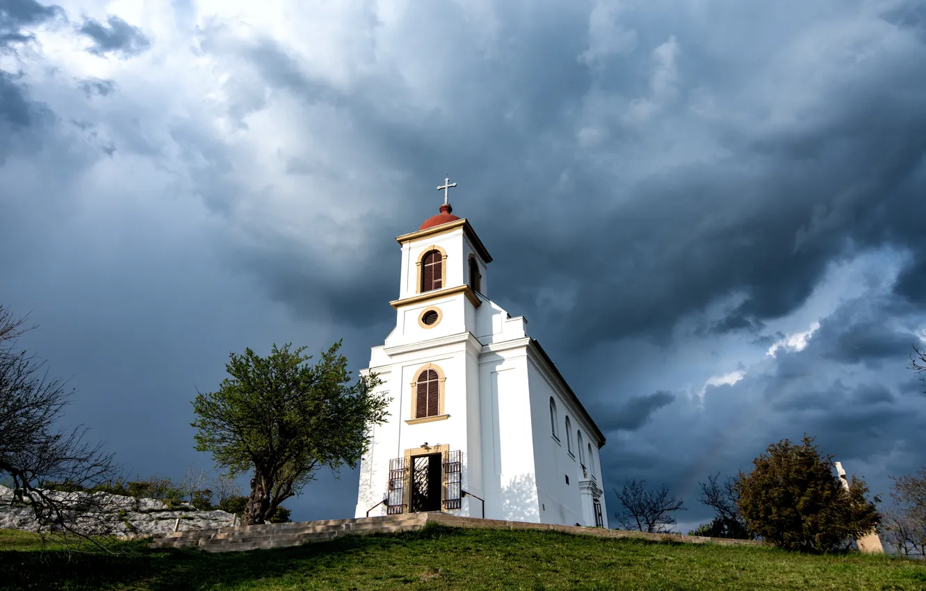 Photo wallpaper the sky, clouds, cross, Church, Hungary, Pecs
