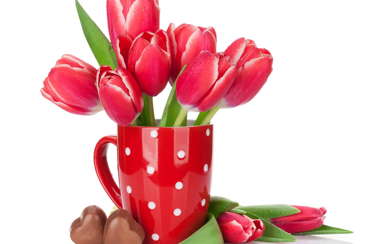Photo wallpaper flowers, red, chocolate, bouquet, tulips, red, flowers, romantic