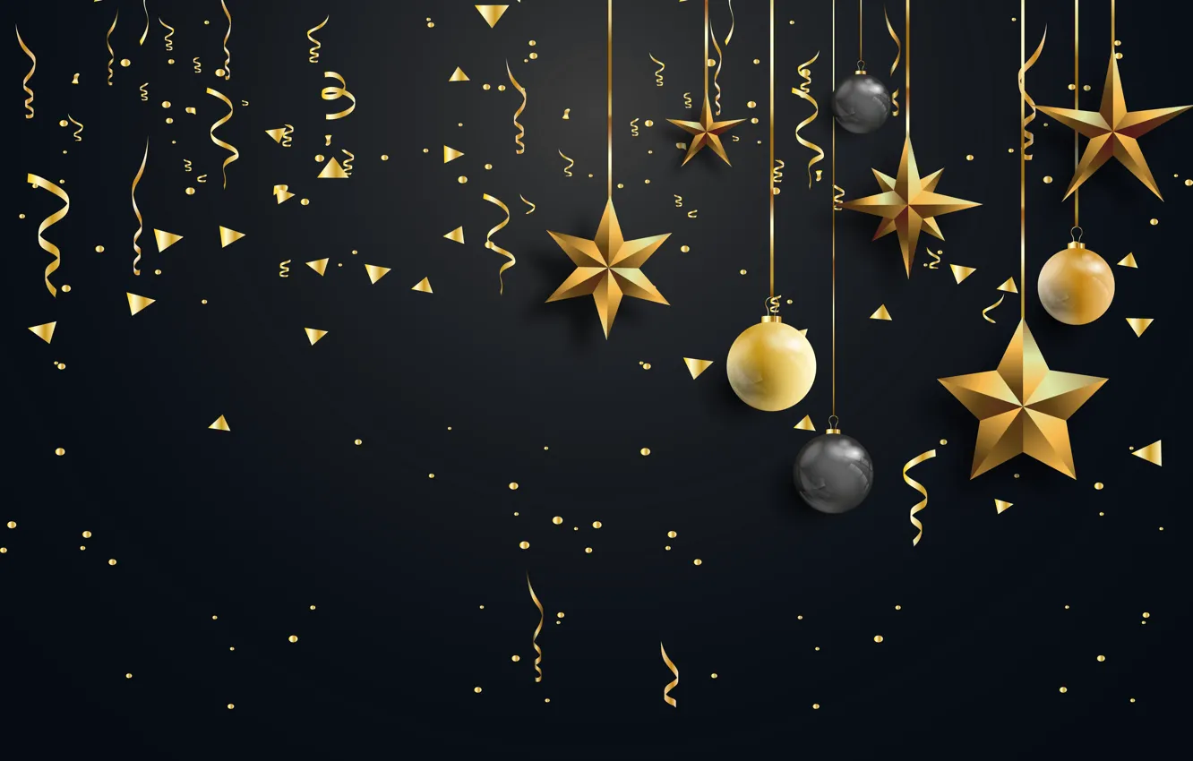 Photo wallpaper decoration, balls, Christmas, New year, golden, christmas, black background, new year