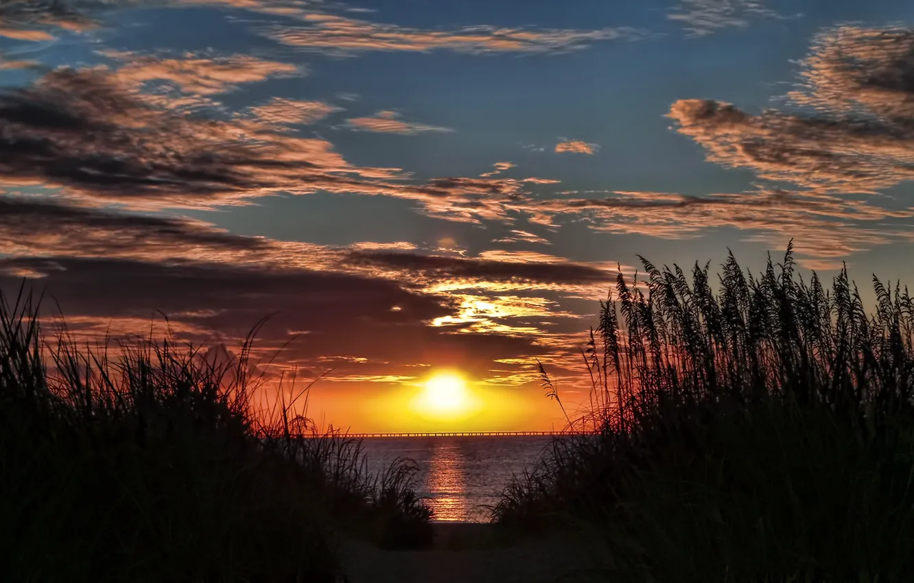 Photo wallpaper the sky, the sun, clouds, sunset, orange, bridge, river, the evening