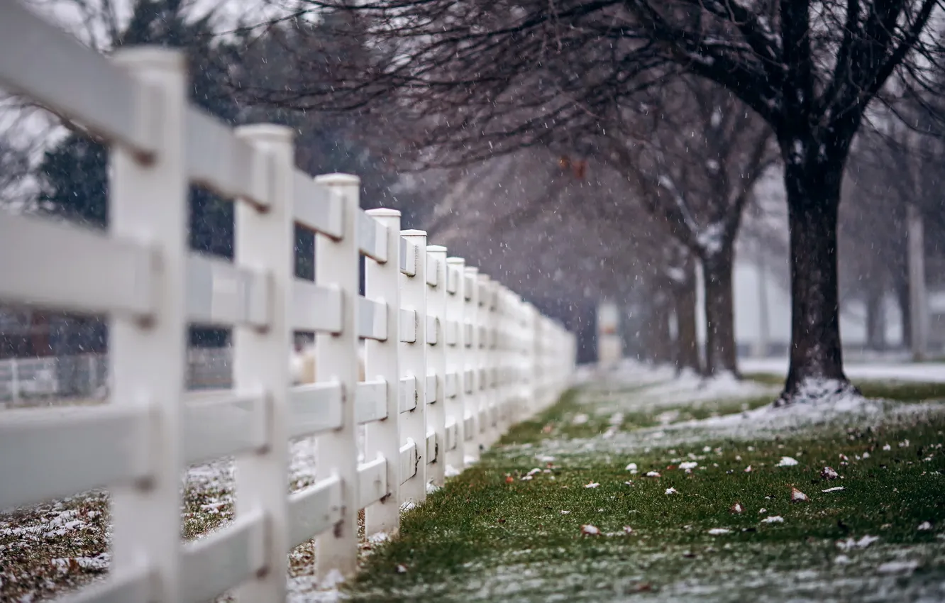Photo wallpaper snow, the city, street, the fence