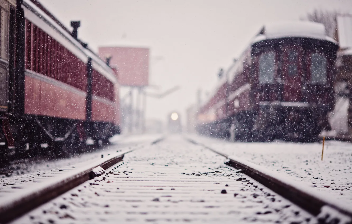 Photo wallpaper winter, snow, train, station, cars, railroad