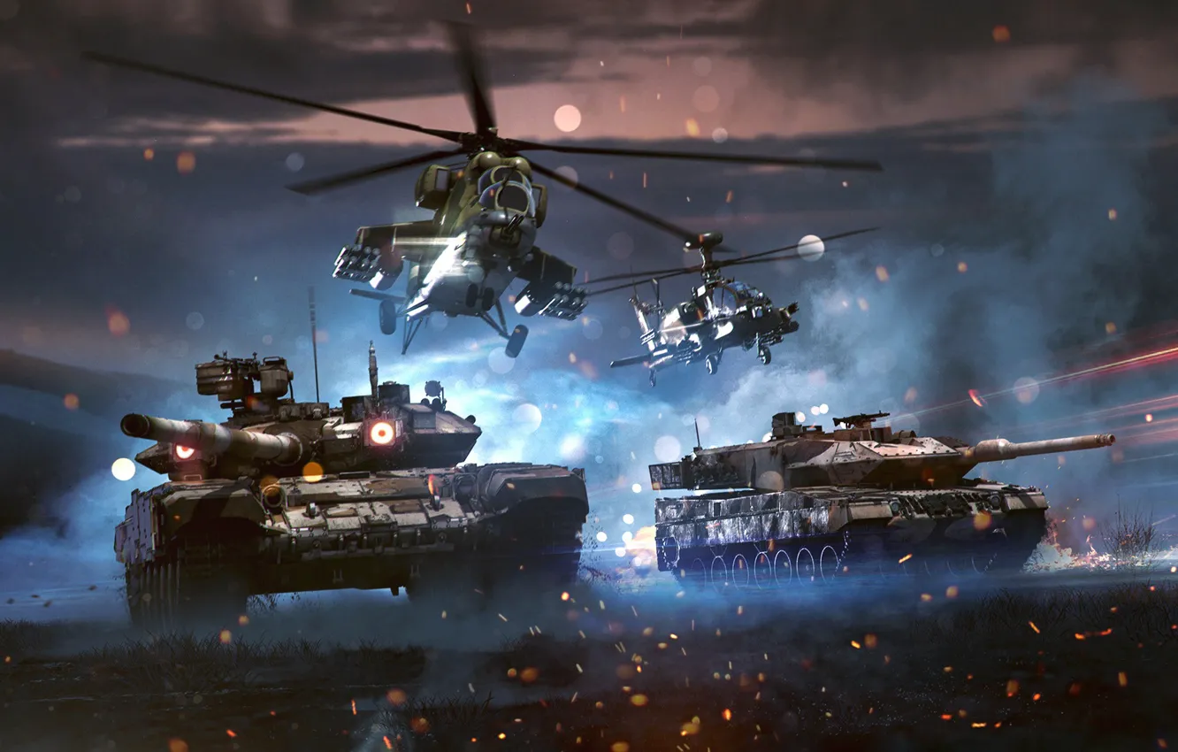 Photo wallpaper The game, Helicopter, Sparks, Art, Tank, Technique, Tanks, T-90