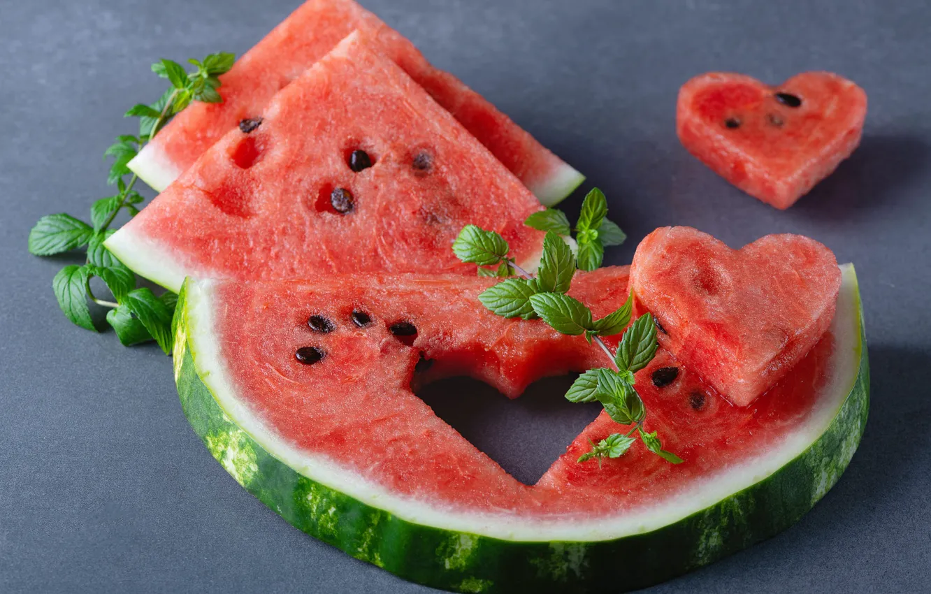 Photo wallpaper watermelon, hearts, mint, slices, piece, submission, the mold, recess