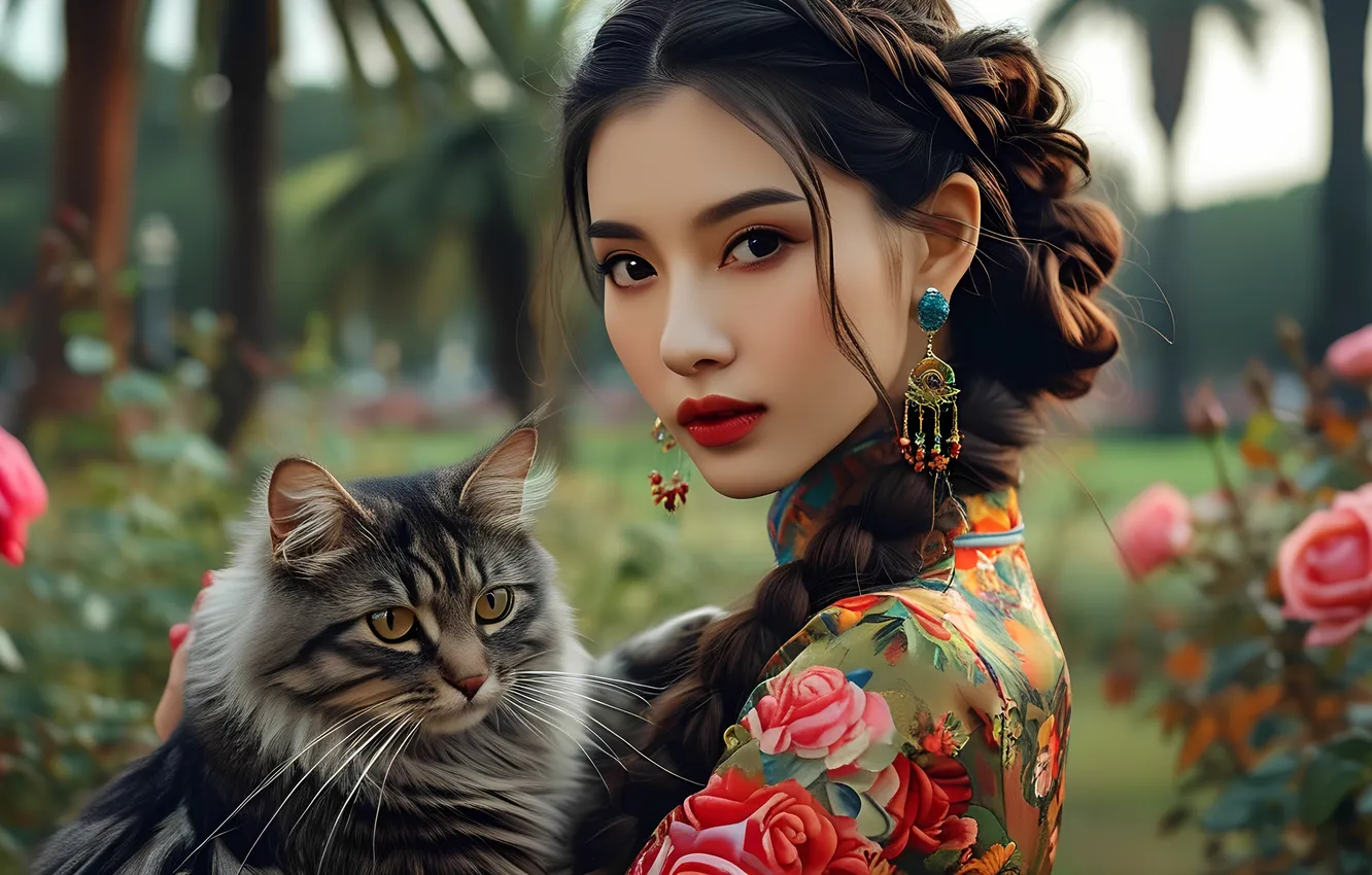 Photo wallpaper cat, girl, earrings, dress, Chinese, Asian, braided braid