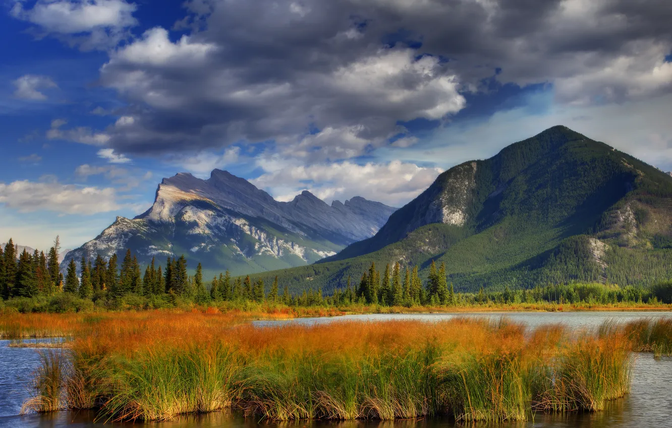 Photo wallpaper autumn, forest, the sky, trees, mountains, lake, Canada, Banff National Park