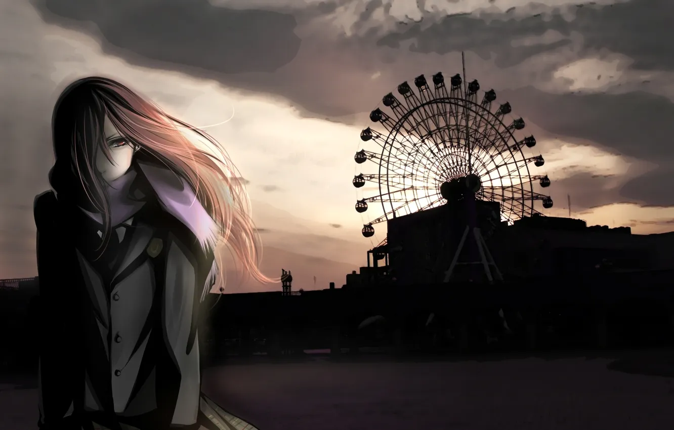 Photo wallpaper girl, the wind, one, the evening, scarf, silhouette, amusement Park