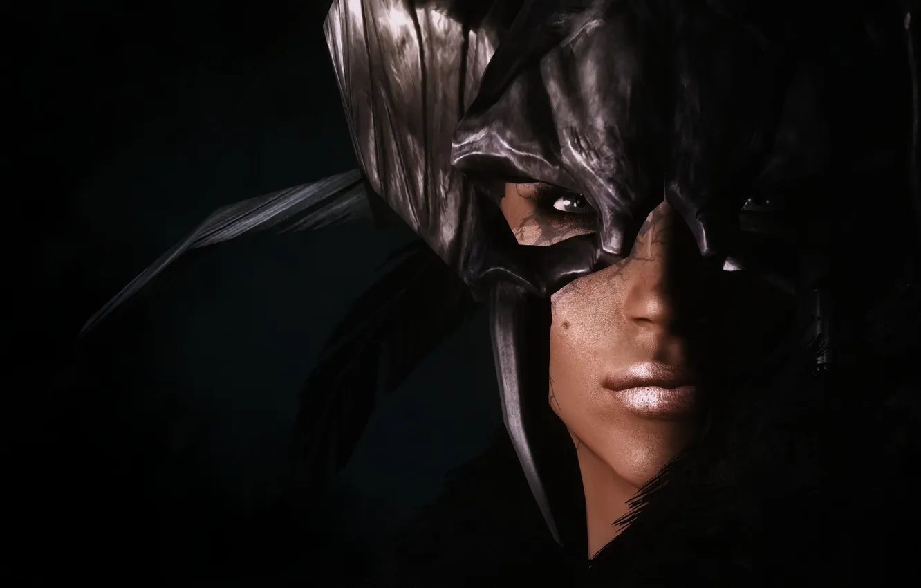 Photo wallpaper look, girl, the game, helmet, black background, Skyrim