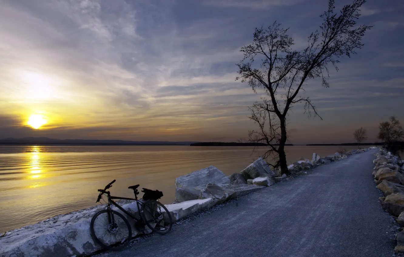 Photo wallpaper road, landscape, sunset, bike, river