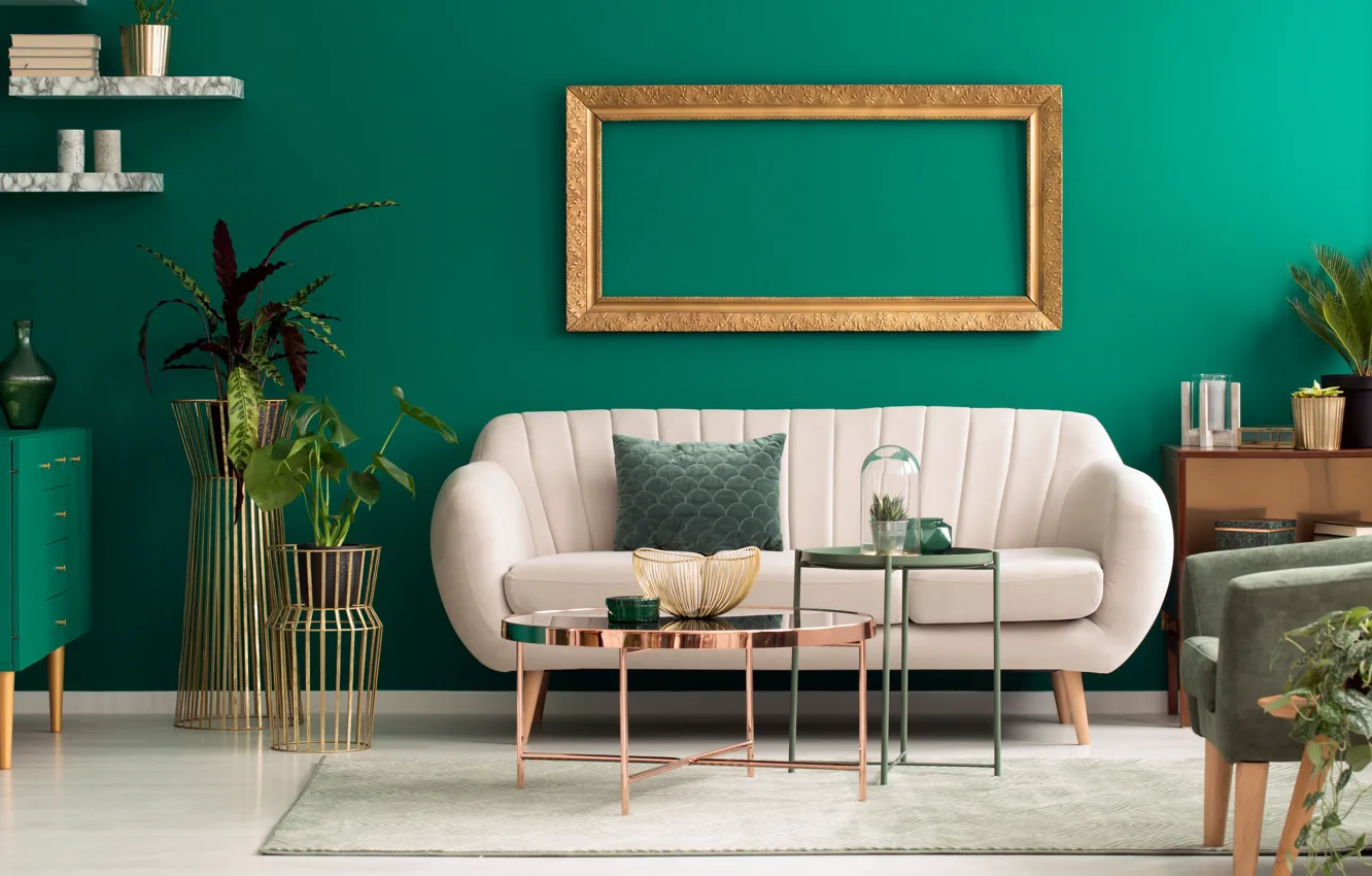 Photo wallpaper design, style, interior, sofa, living room, green living room