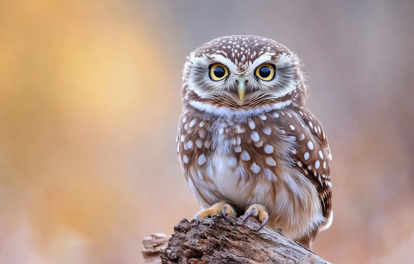 Photo wallpaper look, owl, bird, log, grey background, owl, AI art, neural network