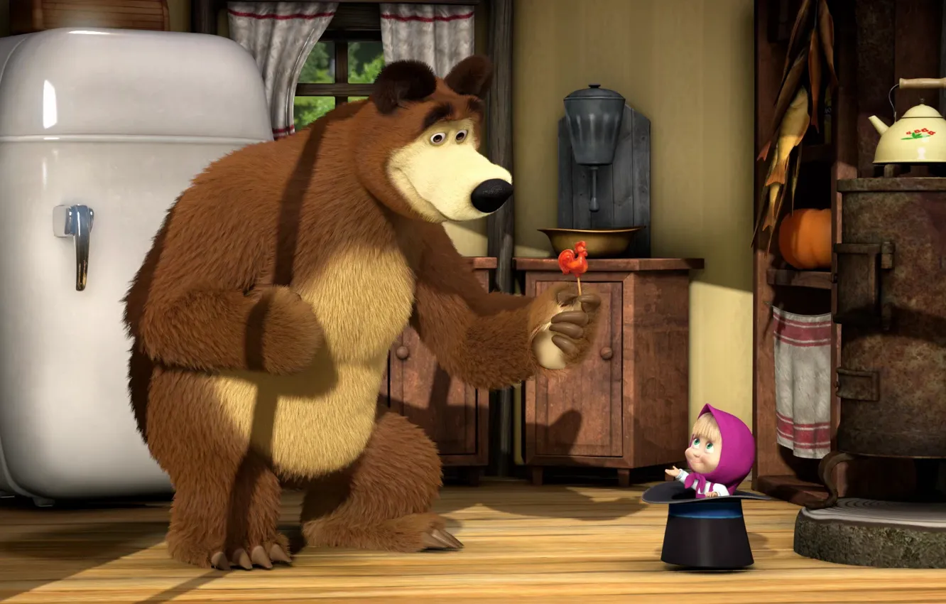 Photo wallpaper room, refrigerator, lollipops, cartoon, cylinder, Masha and the bear