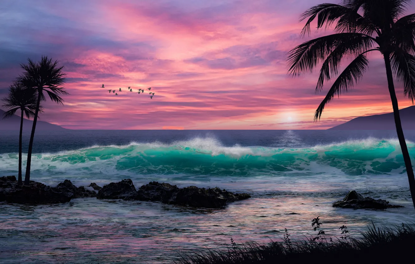 Photo wallpaper sea, wave, beach, the sky, sunset, palm trees, rendering, shore