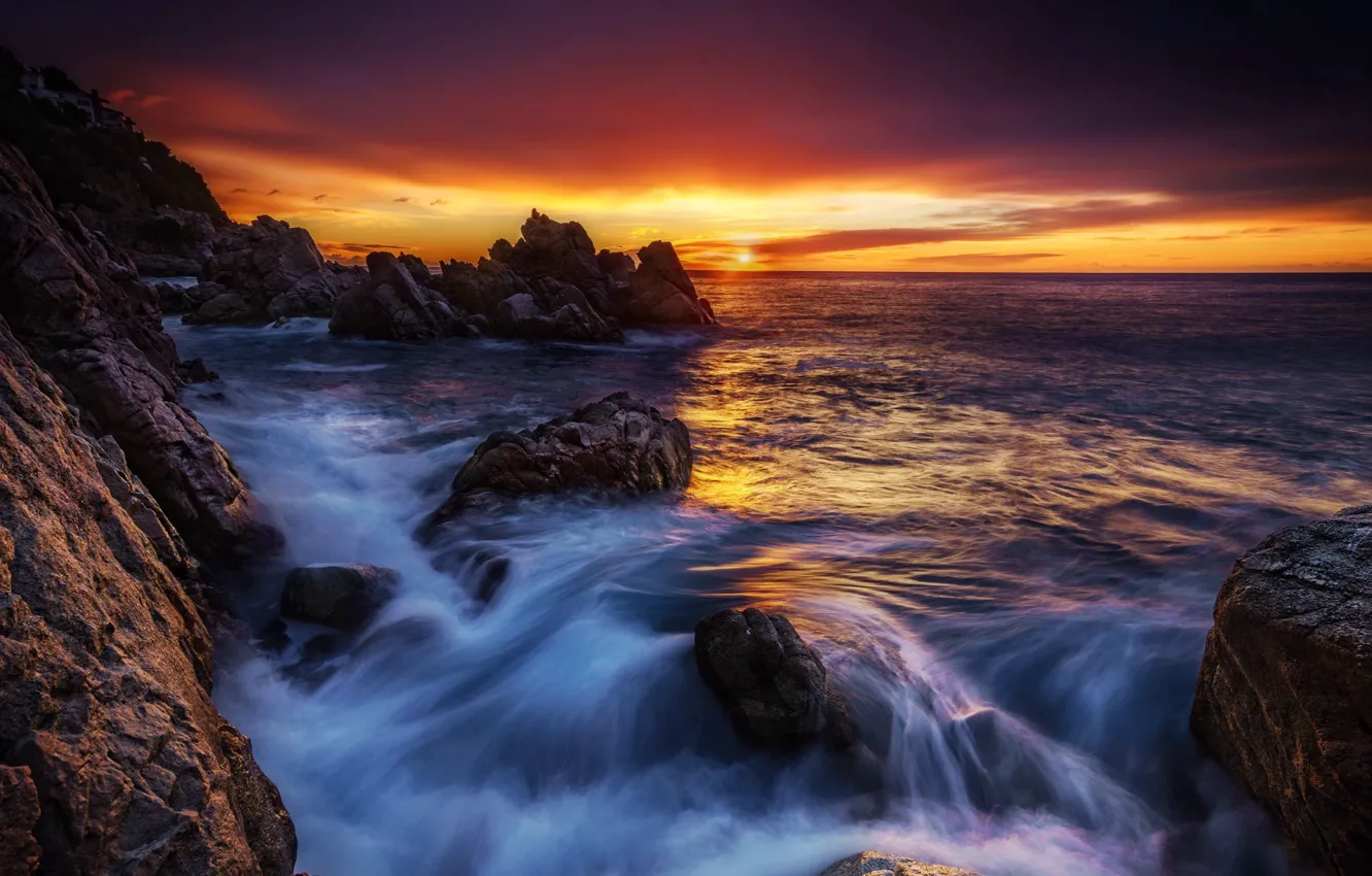 Photo wallpaper sea, sunset, rocks, shore