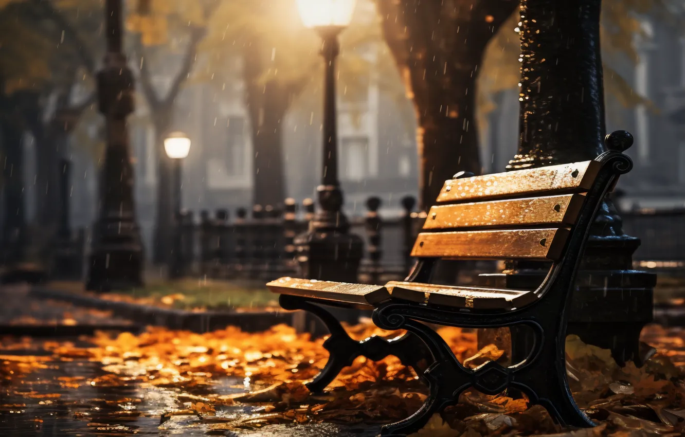 Photo wallpaper autumn, leaves, bench, Park, trees, night, park, autumn