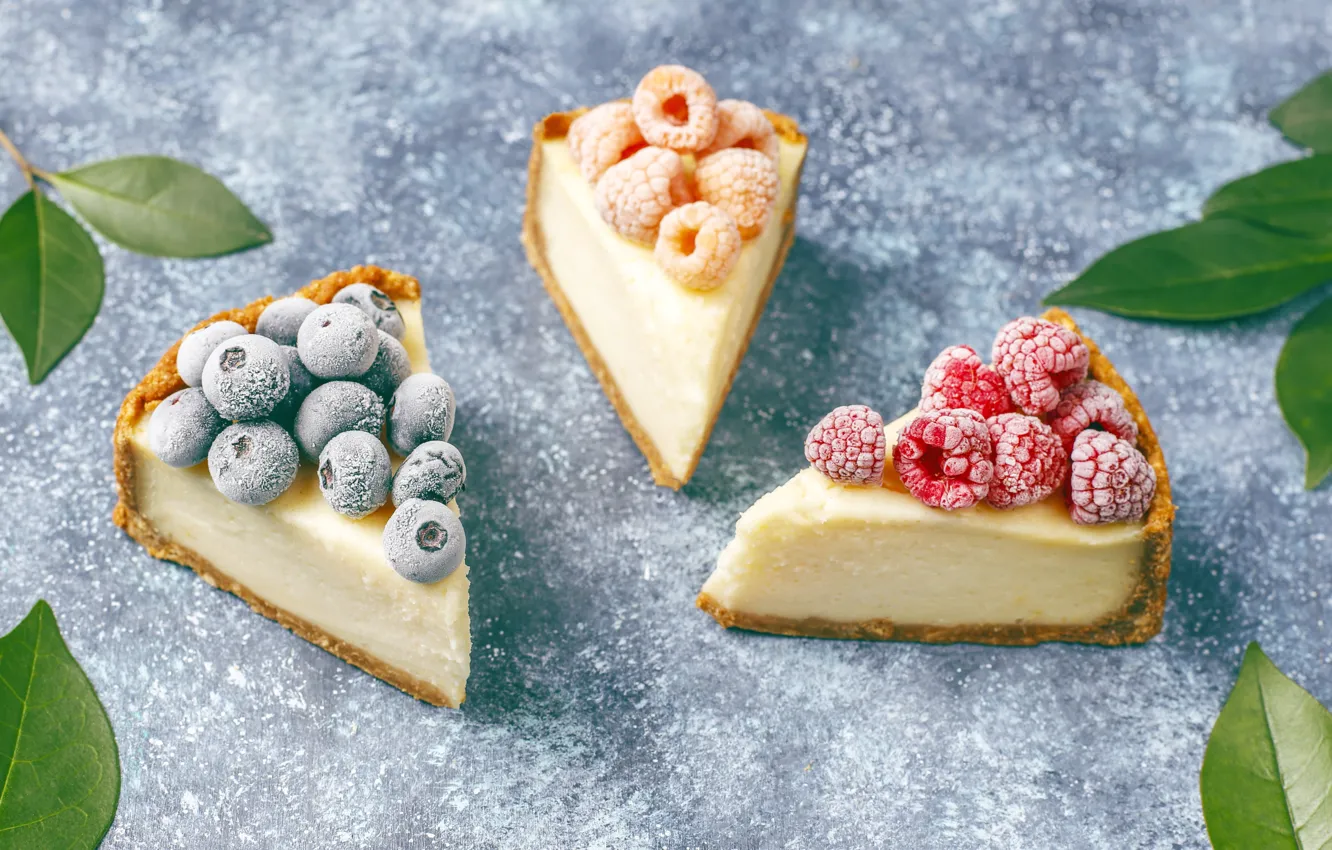 Photo wallpaper leaves, berries, raspberry, table, blueberries, cloudberry, cake, grey background