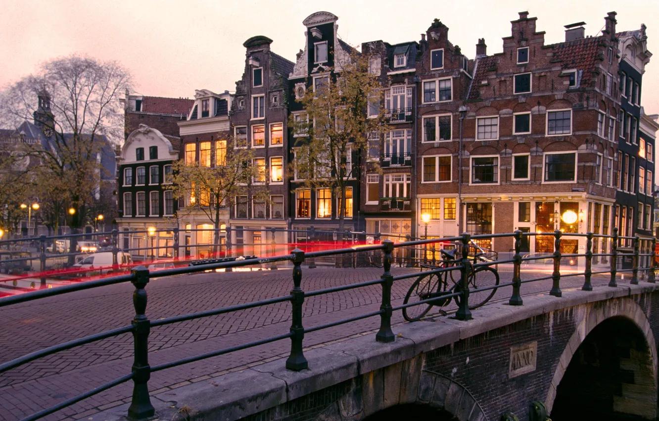 Photo wallpaper bridge, bike, the evening, Amsterdam, Netherlands, Amsterdam, Holland, Netherlands