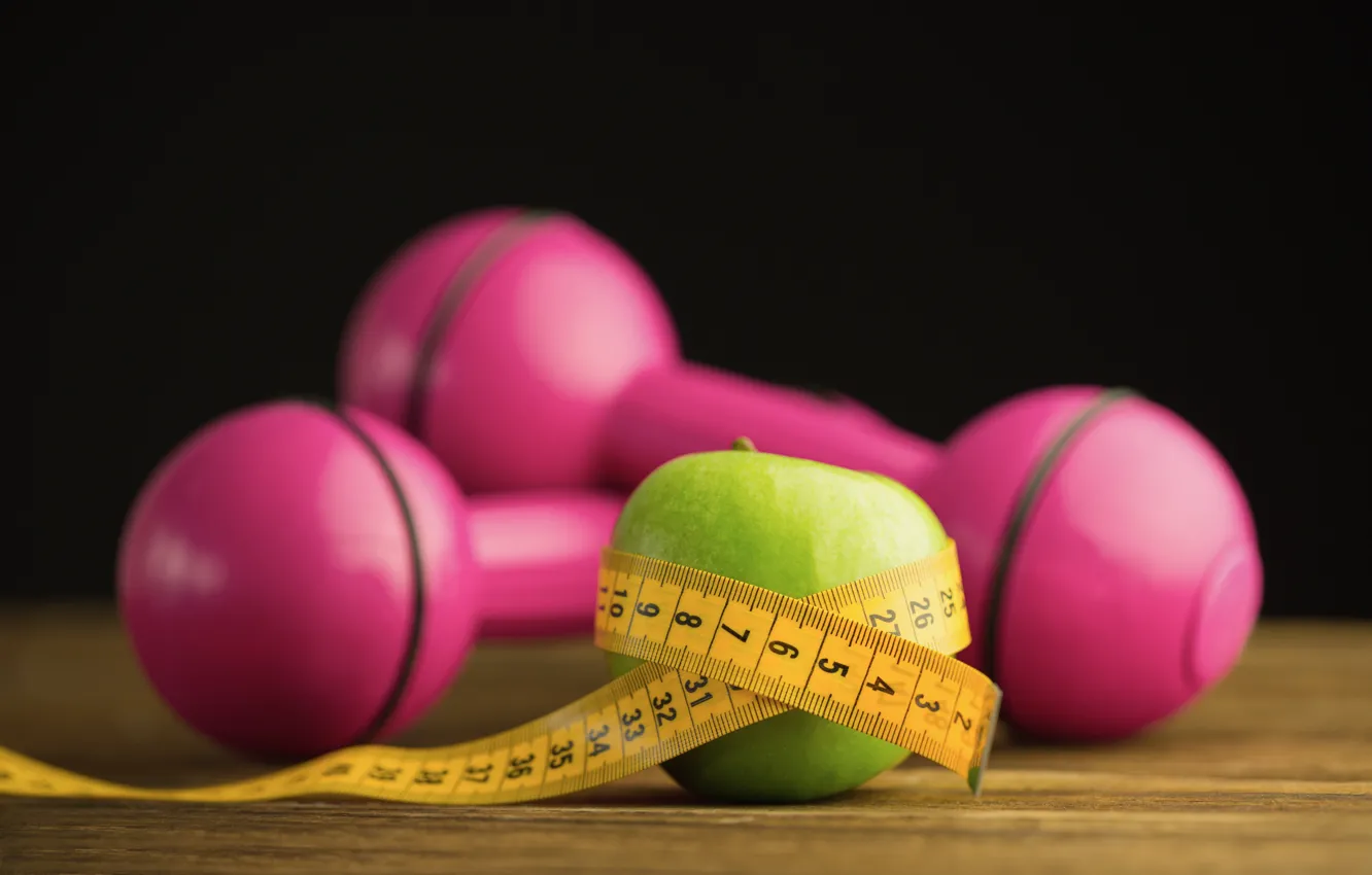 Photo wallpaper sport, apples, dumbbells, centimeter